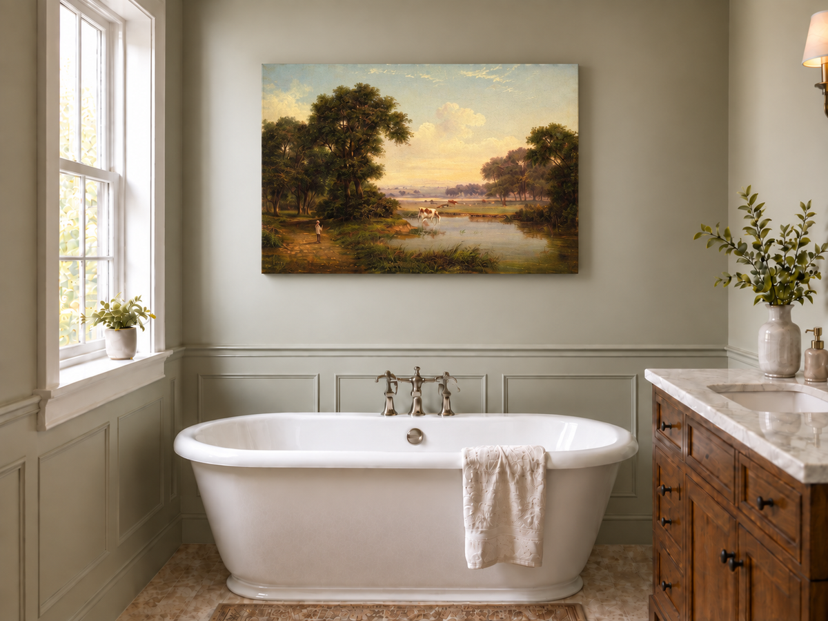 Hand-painted Pastoral River Meadow with Cattle landscape oil painting displayed as wall art in a styled interior