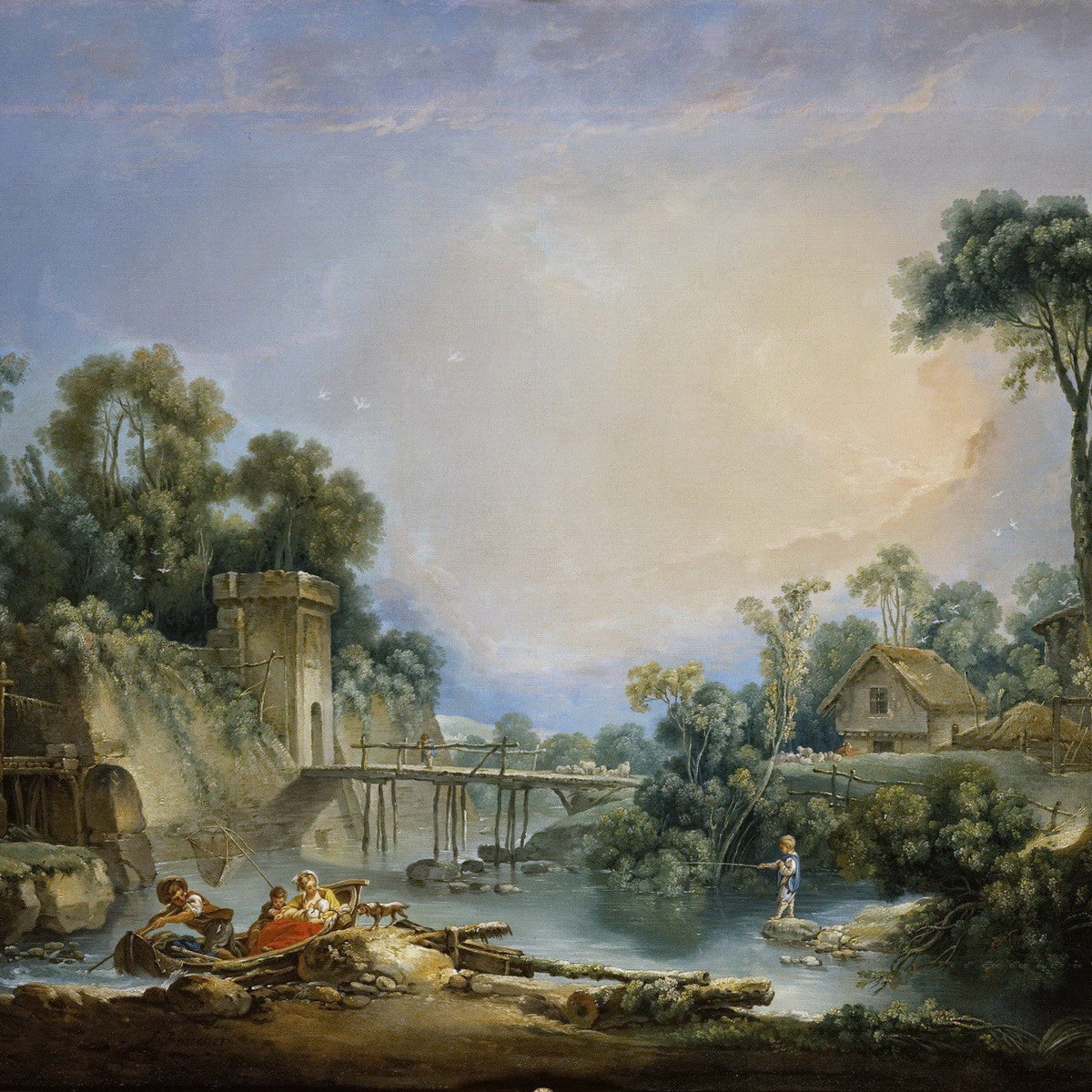 Hand-painted pastoral river scene with bridge landscape oil painting on canvas