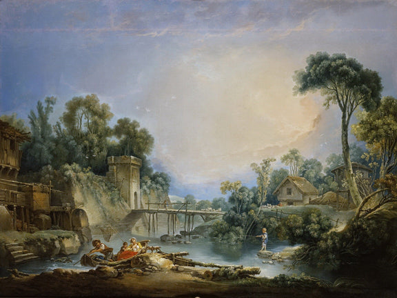 Hand-painted pastoral river scene with bridge landscape oil painting on canvas