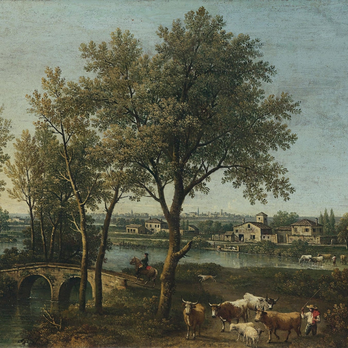 Hand-painted pastoral river scene with cattle landscape oil painting on canvas