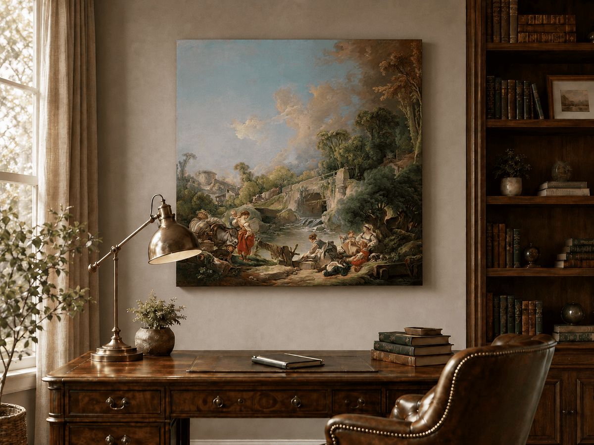 Landscape Oil Painting - Pastoral River Scene with Figures
