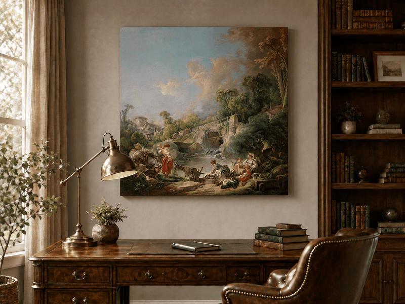 Landscape Oil Painting - Pastoral River Scene with Figures