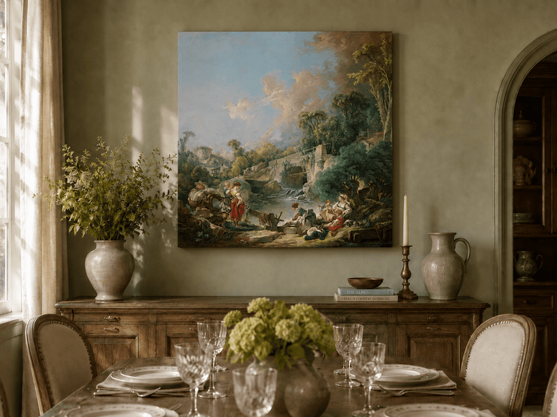 Landscape Oil Painting - Pastoral River Scene with Figures