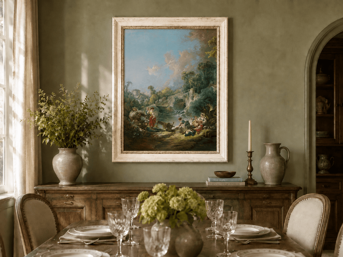 Landscape Oil Painting - Pastoral River Scene with Figures