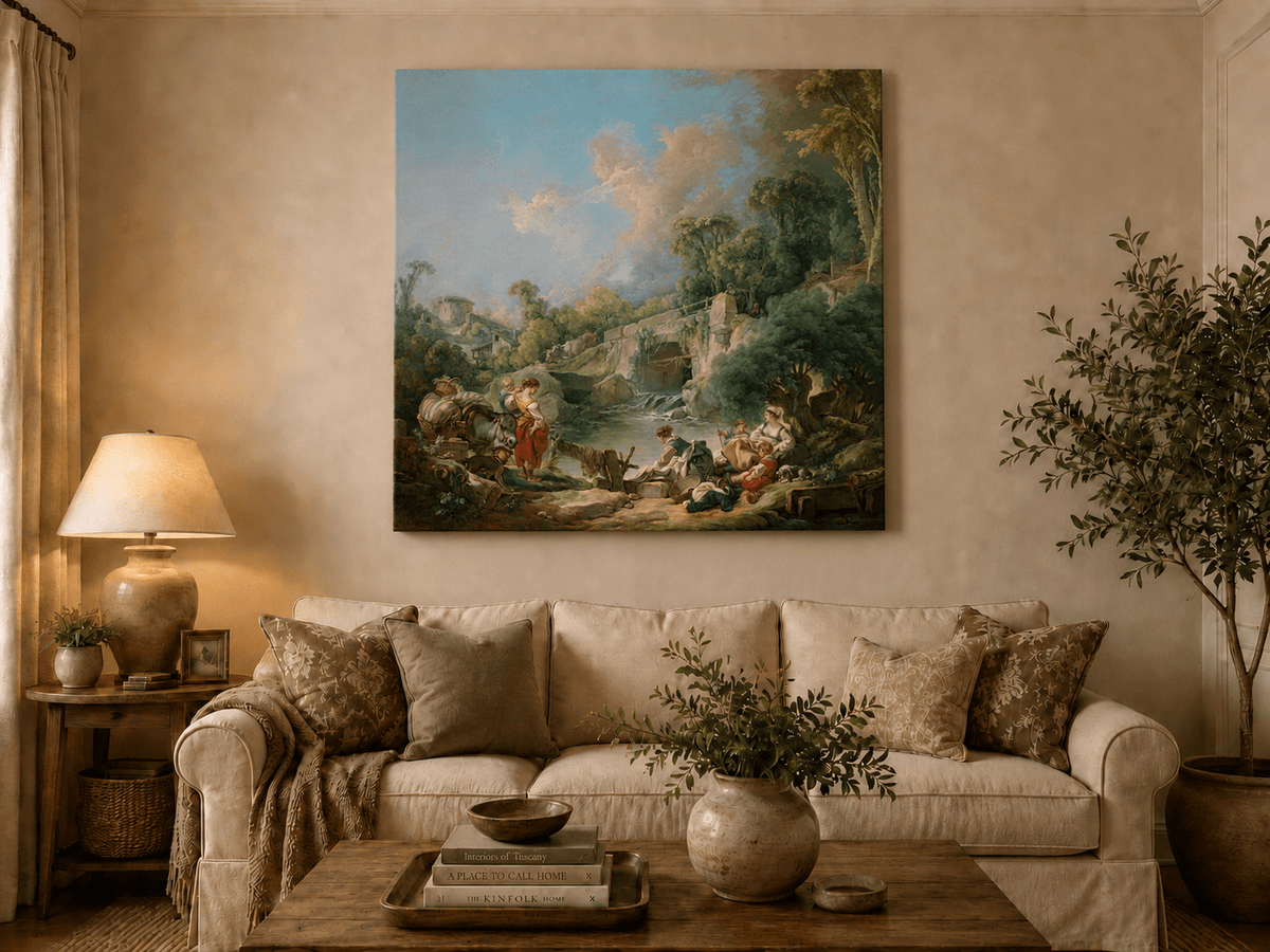Landscape Oil Painting - Pastoral River Scene with Figures