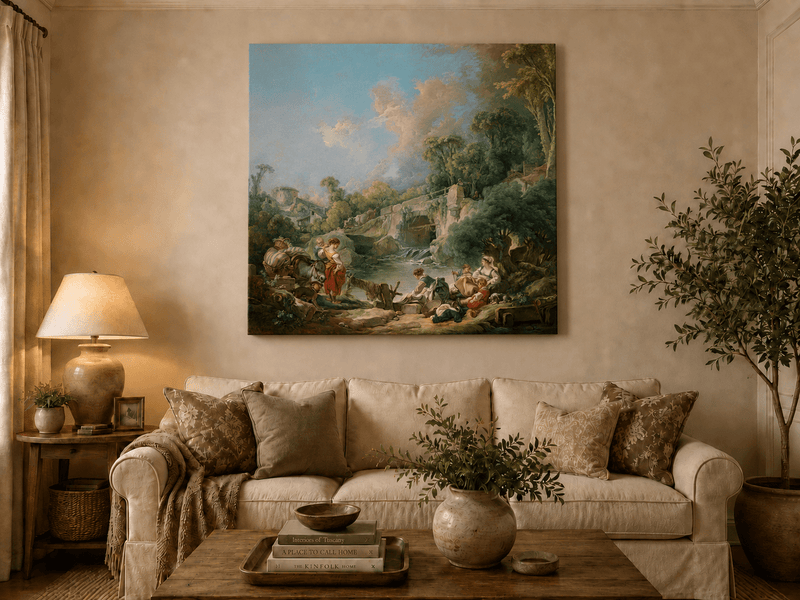 Landscape Oil Painting - Pastoral River Scene with Figures