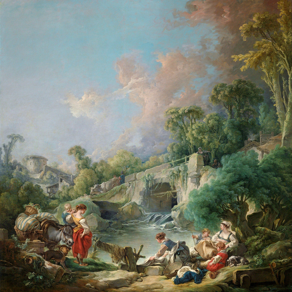 Hand-painted pastoral river scene with figures landscape oil painting on canvas