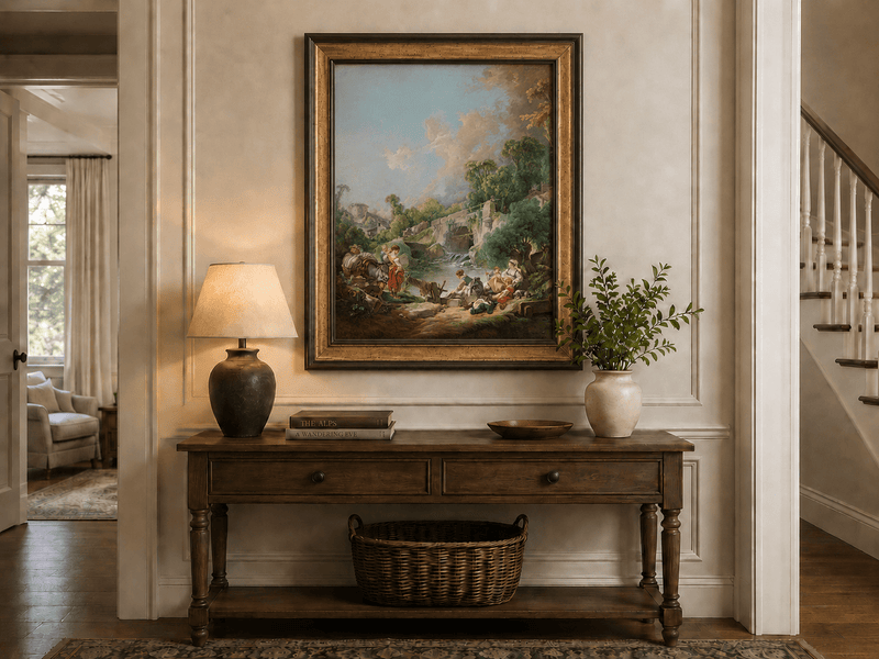 Landscape Oil Painting - Pastoral River Scene with Figures