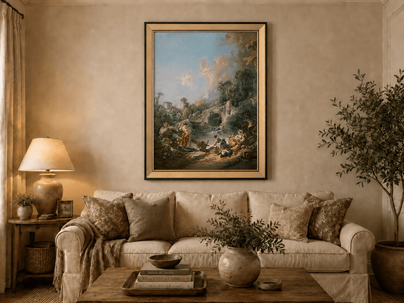 Landscape Oil Painting - Pastoral River Scene with Figures