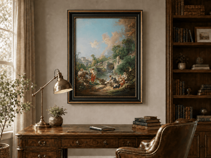 Landscape Oil Painting - Pastoral River Scene with Figures