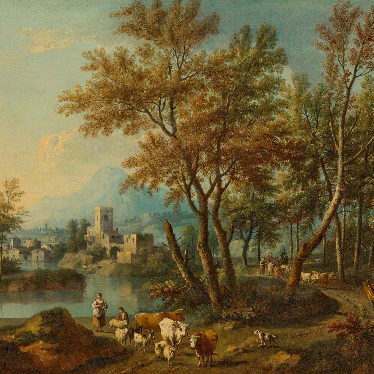 Hand-painted pastoral river scene with ruins and cattle landscape oil painting on canvas