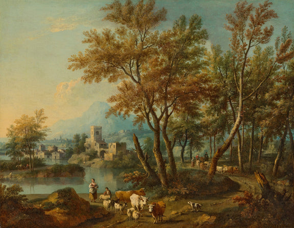 Hand-painted pastoral river scene with ruins and cattle landscape oil painting on canvas