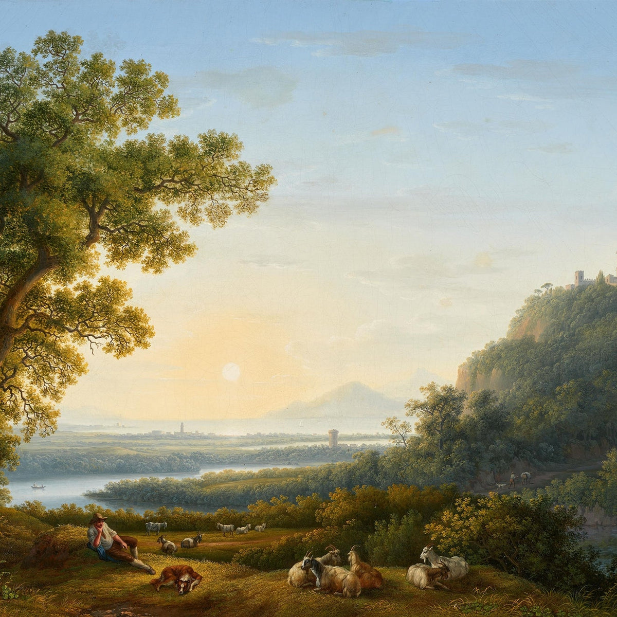 Landscape Oil Painting - Pastoral River & Shepherd, Flock, Hilltop Church - Oil Painting Haven