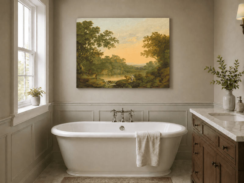 Pintura al óleo de paisaje: valle fluvial pastoral y ruinas distantes