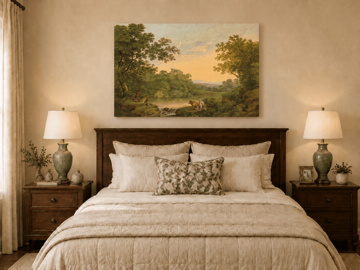 Pintura al óleo de paisaje: valle fluvial pastoral y ruinas distantes