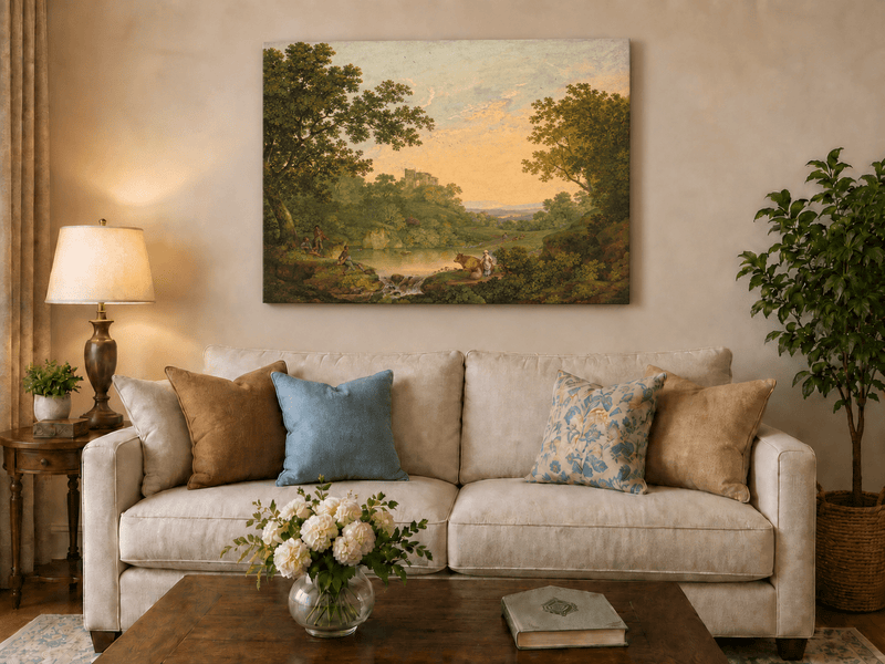 Pintura al óleo de paisaje: valle fluvial pastoral y ruinas distantes