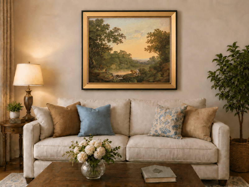 Pintura al óleo de paisaje: valle fluvial pastoral y ruinas distantes