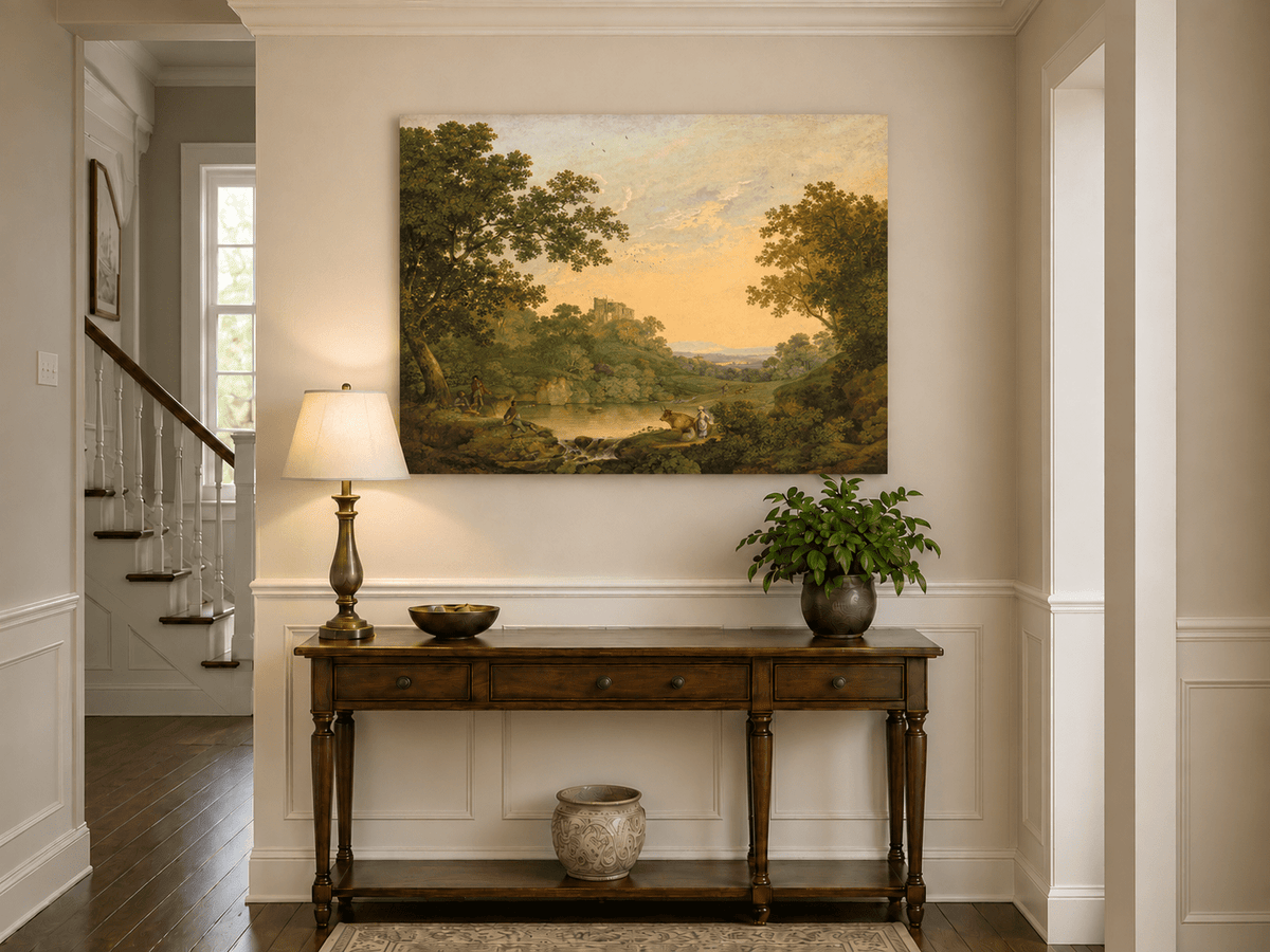 Pintura al óleo de paisaje: valle fluvial pastoral y ruinas distantes