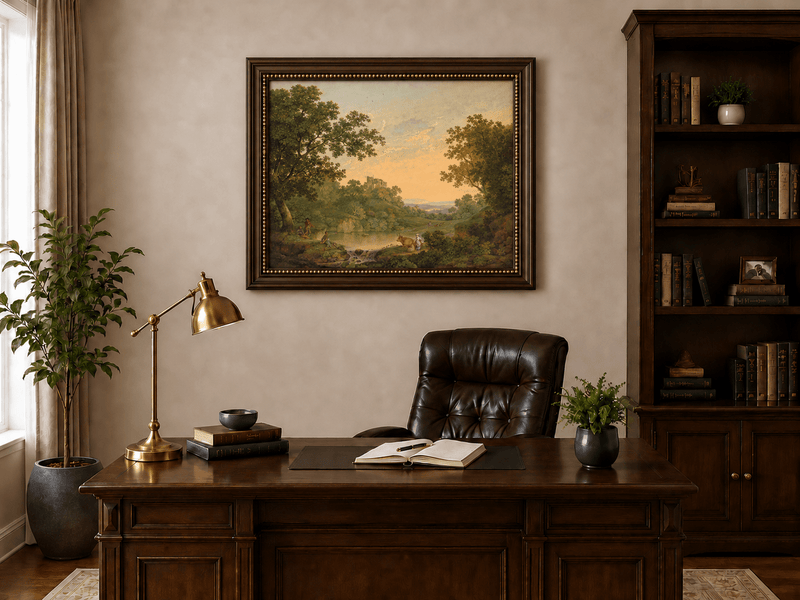 Pintura al óleo de paisaje: valle fluvial pastoral y ruinas distantes