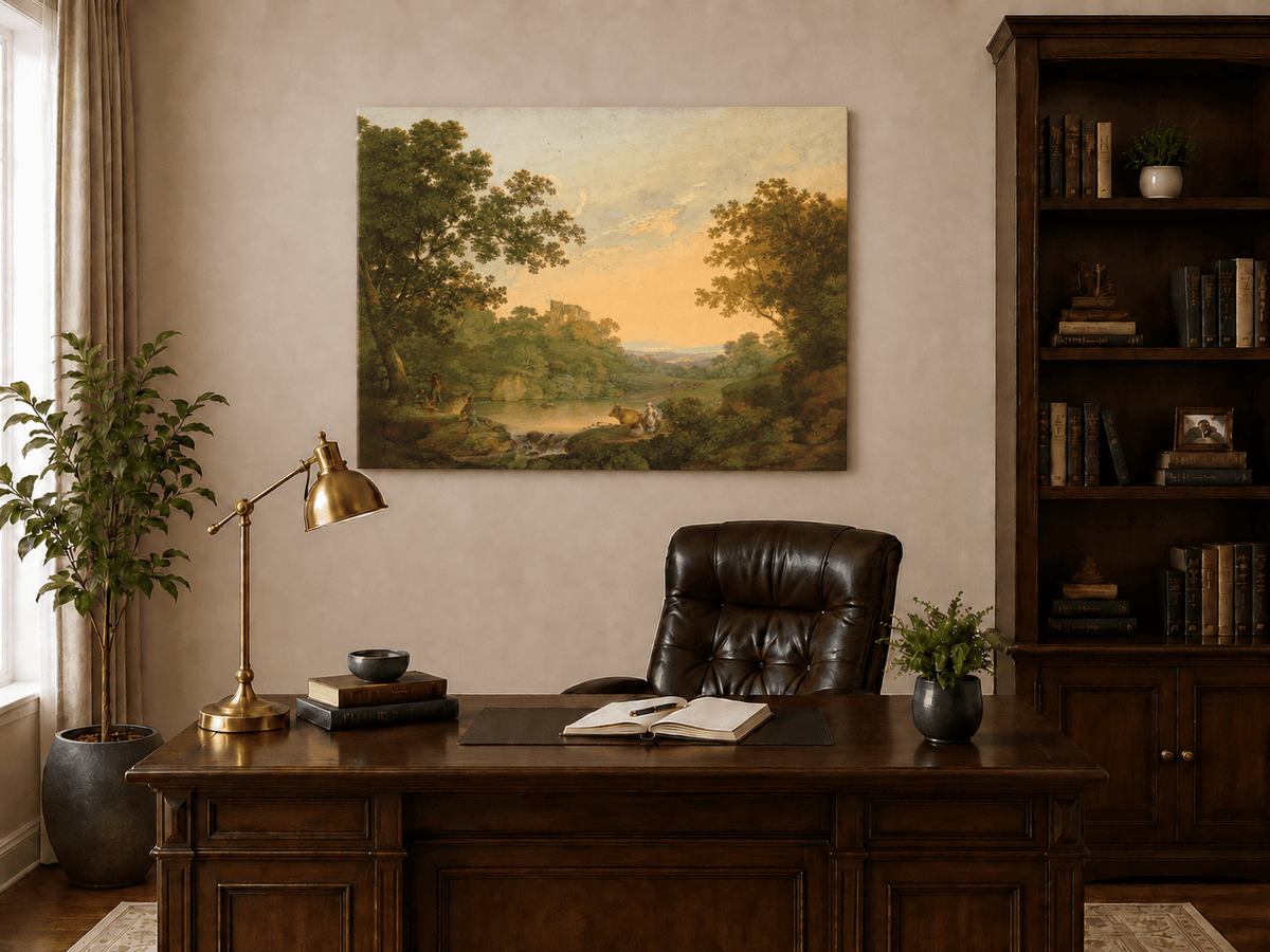 Pintura al óleo de paisaje: valle fluvial pastoral y ruinas distantes