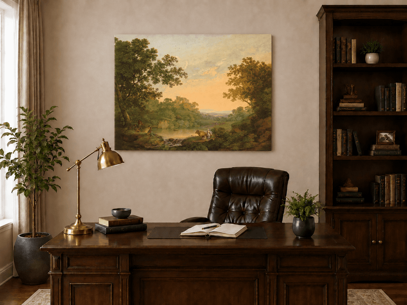 Pintura al óleo de paisaje: valle fluvial pastoral y ruinas distantes