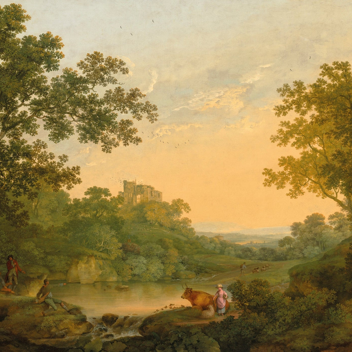 Landscape Oil Painting - Pastoral River Valley and Distant Ruins - Oil Painting Haven
