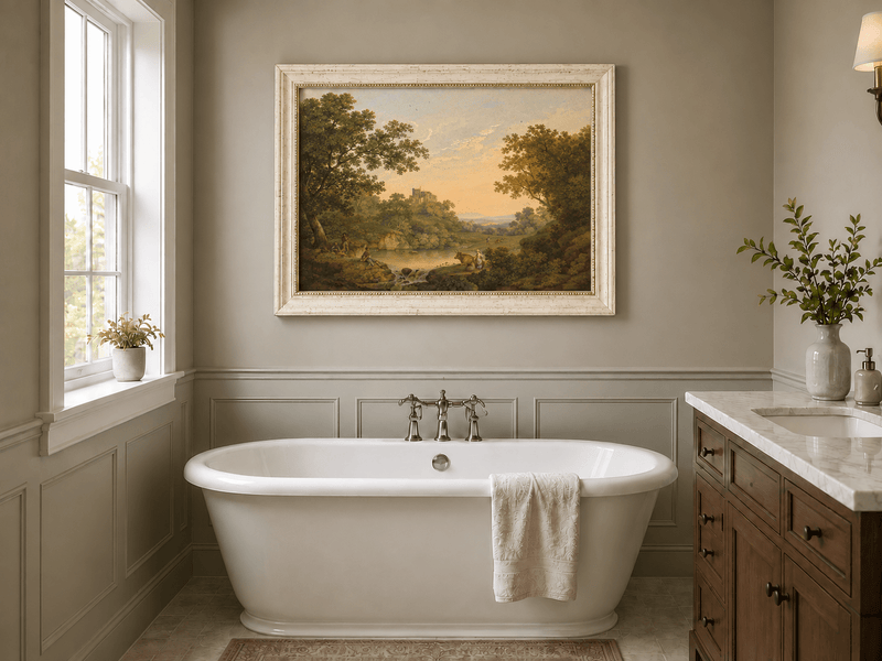 Pintura al óleo de paisaje: valle fluvial pastoral y ruinas distantes