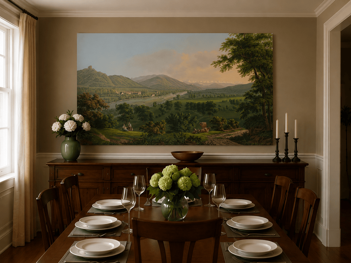 Landscape Oil Painting - Pastoral River Valley with Cows