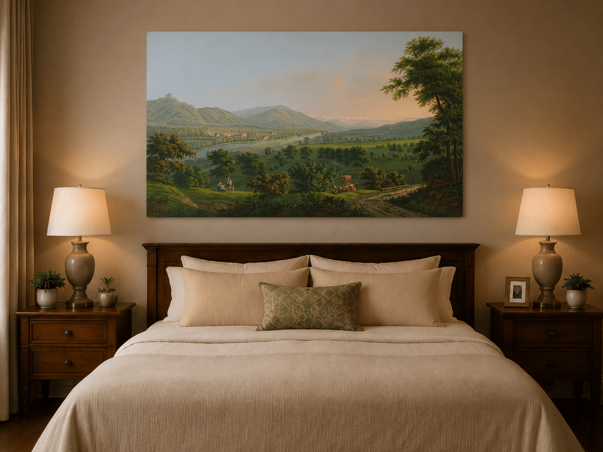 Landscape Oil Painting - Pastoral River Valley with Cows