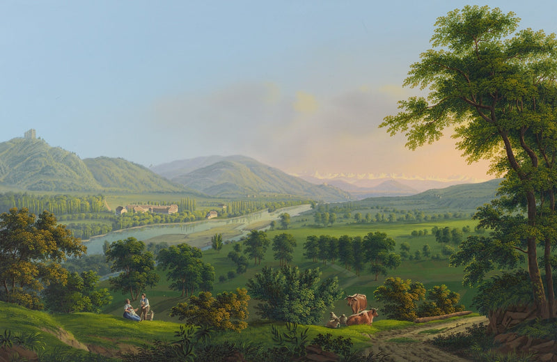 Hand-painted pastoral river valley with cows landscape oil painting on canvas