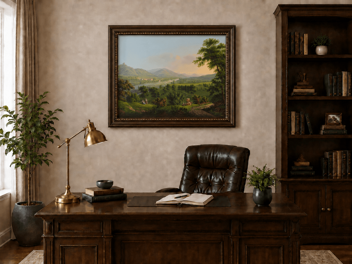 Landscape Oil Painting - Pastoral River Valley with Cows