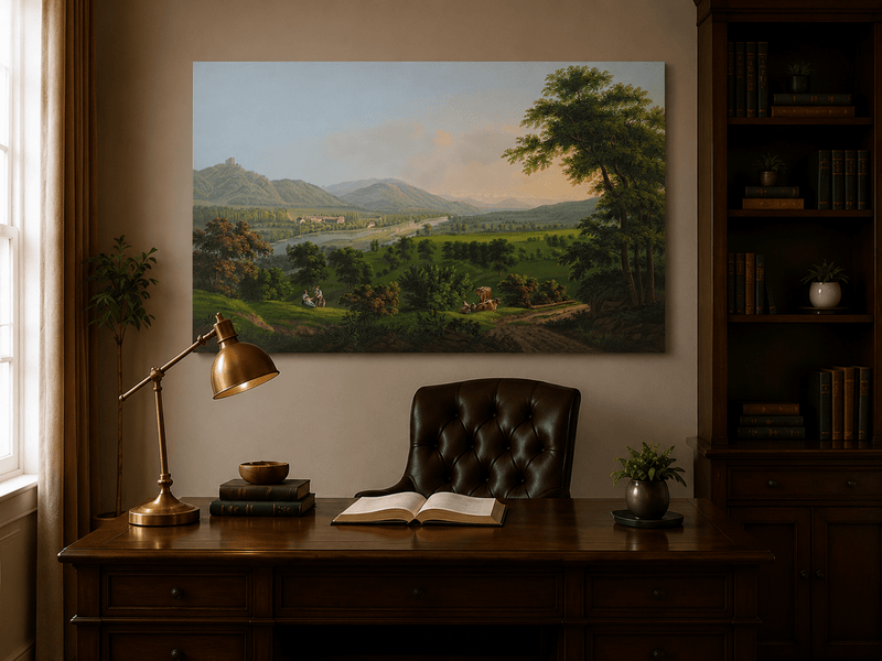 Landscape Oil Painting - Pastoral River Valley with Cows