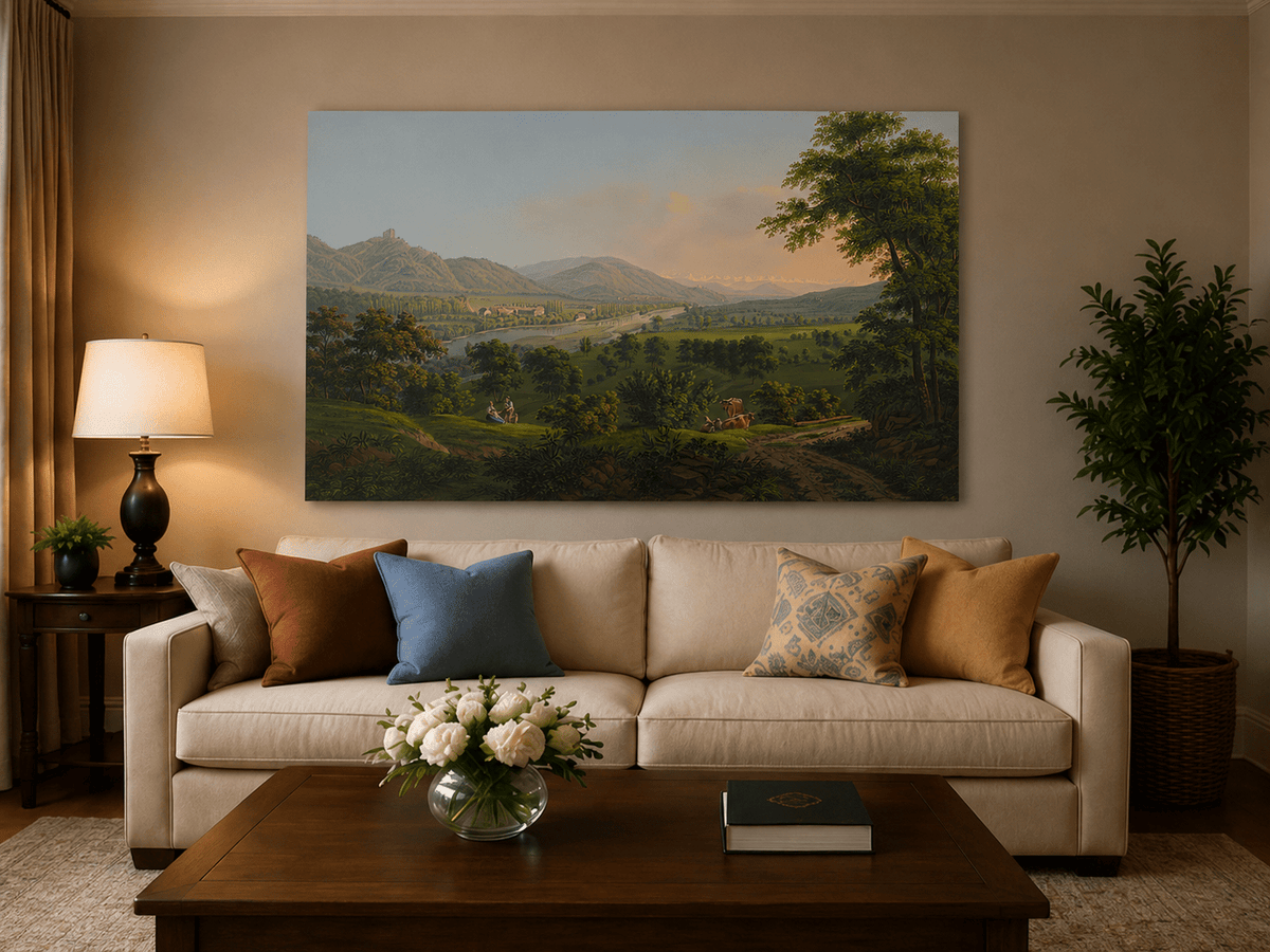 Landscape Oil Painting - Pastoral River Valley with Cows