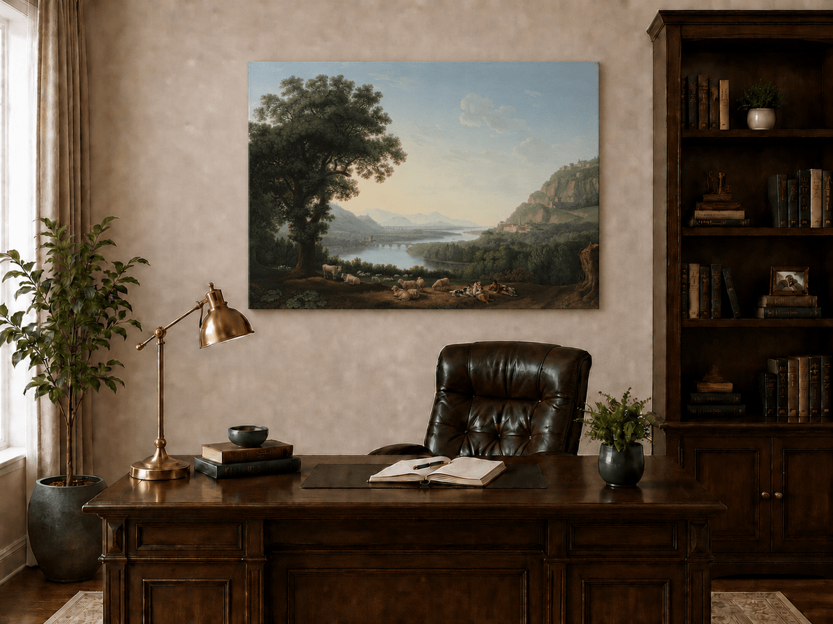 Landschaftsgemälde in Öl – Winterliche Flusslandschaft mit Figuren und Pferden