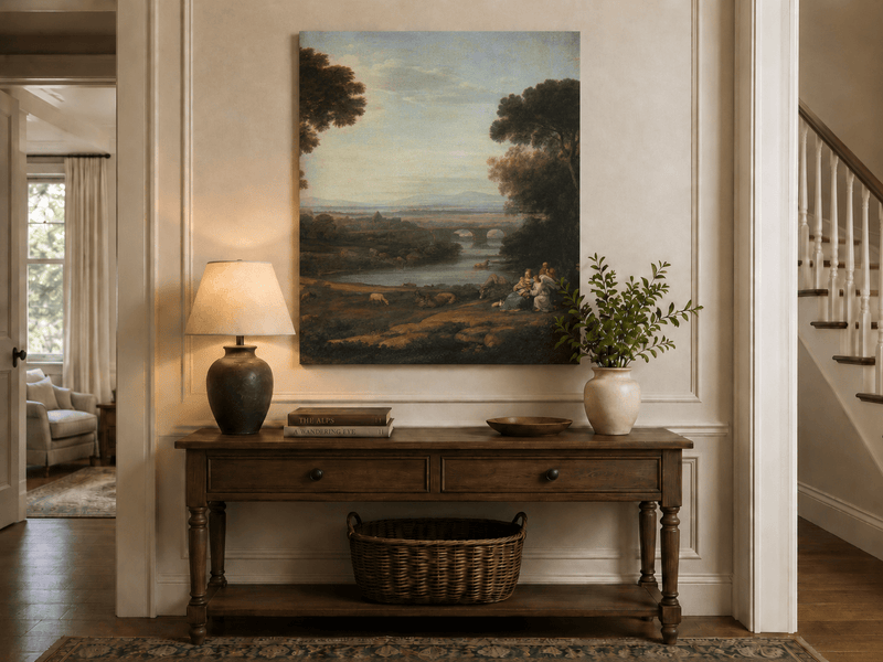 Landscape Oil Painting - Pastoral River with Bridge and Figures