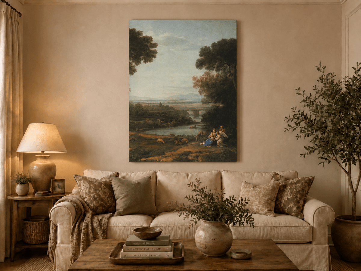 Landscape Oil Painting - Pastoral River with Bridge and Figures
