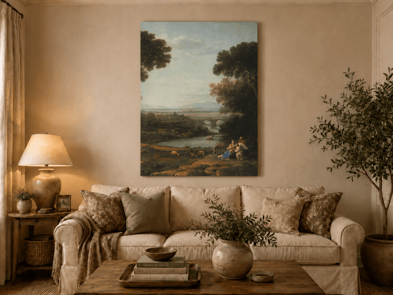 Landscape Oil Painting - Pastoral River with Bridge and Figures