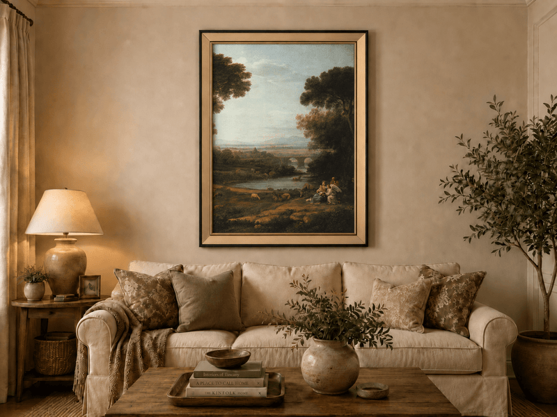 Landscape Oil Painting - Pastoral River with Bridge and Figures