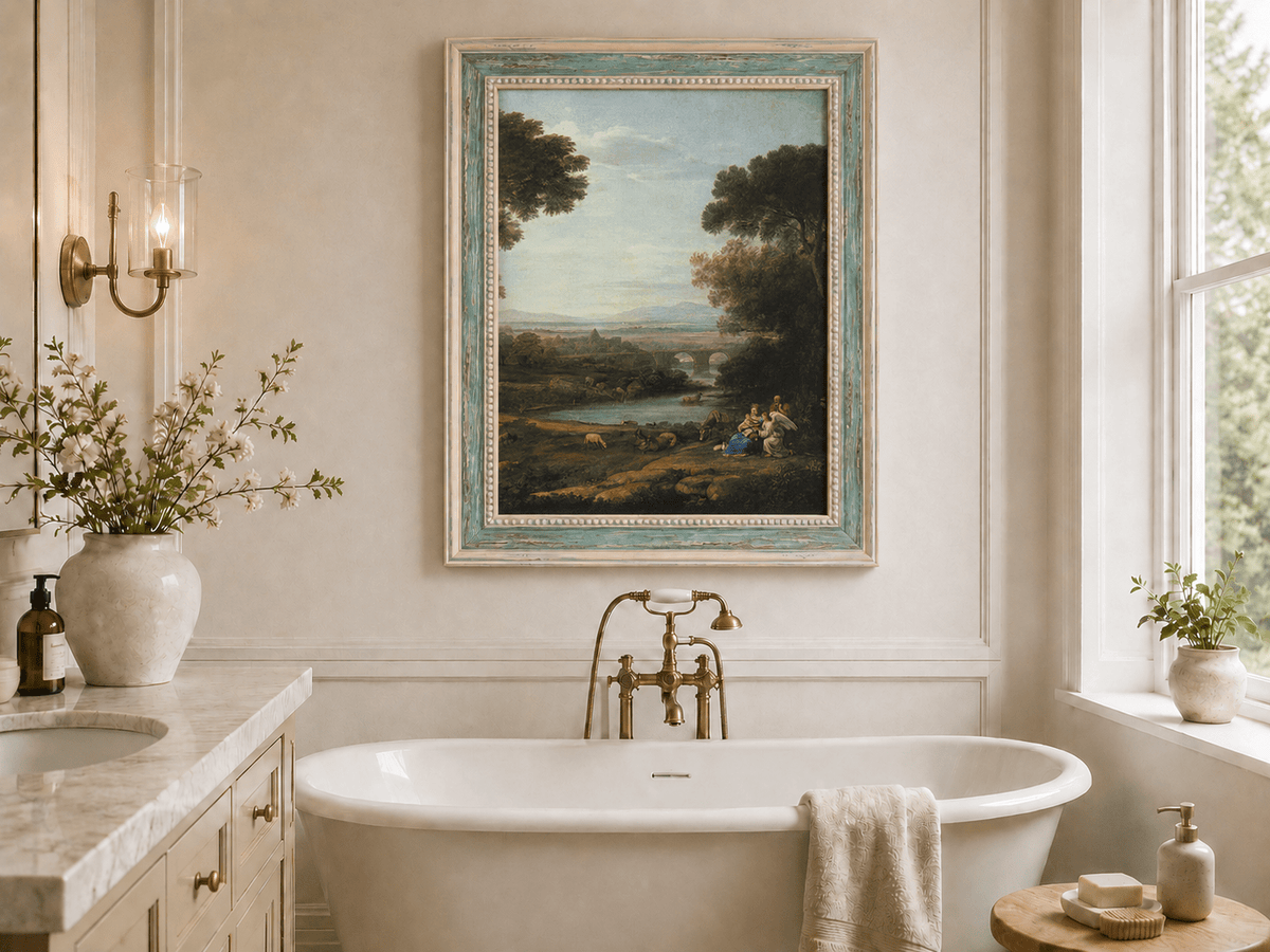 Landscape Oil Painting - Pastoral River with Bridge and Figures
