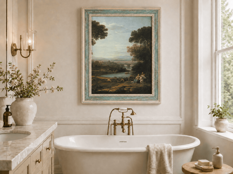Landscape Oil Painting - Pastoral River with Bridge and Figures