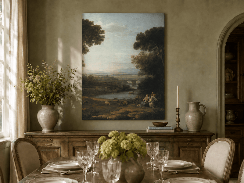 Landscape Oil Painting - Pastoral River with Bridge and Figures
