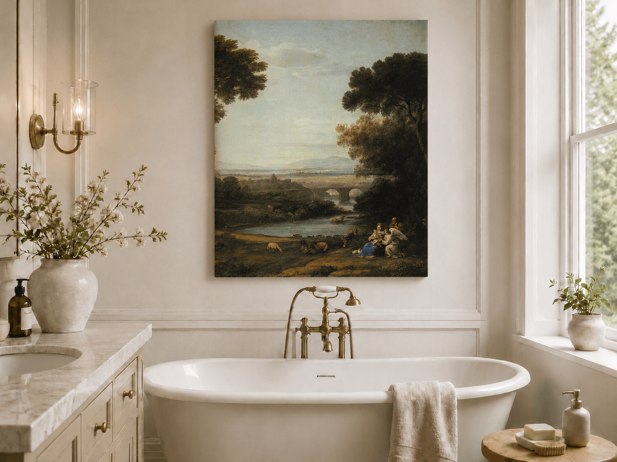 Landscape Oil Painting - Pastoral River with Bridge and Figures