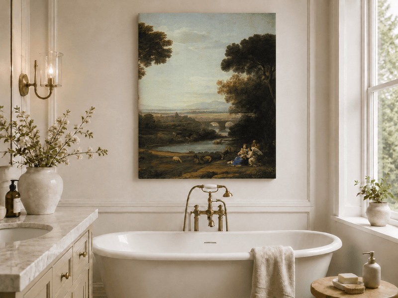 Landscape Oil Painting - Pastoral River with Bridge and Figures
