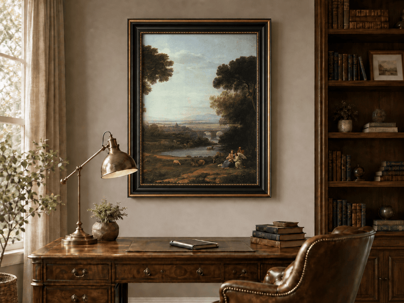 Landscape Oil Painting - Pastoral River with Bridge and Figures