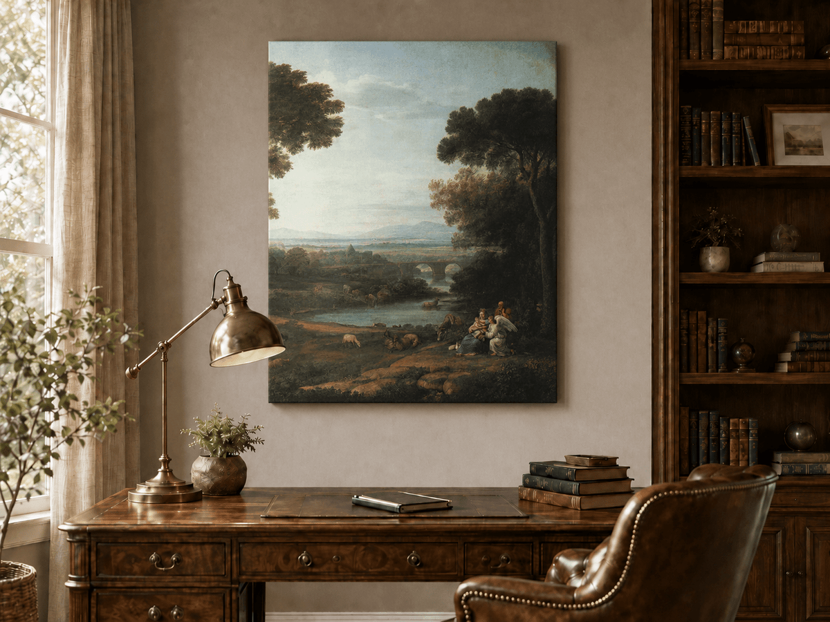Landscape Oil Painting - Pastoral River with Bridge and Figures