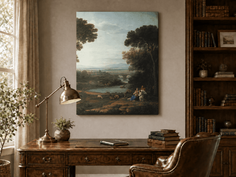 Landscape Oil Painting - Pastoral River with Bridge and Figures