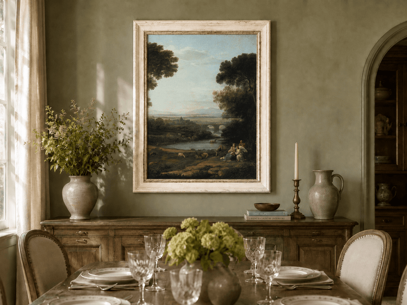 Landscape Oil Painting - Pastoral River with Bridge and Figures