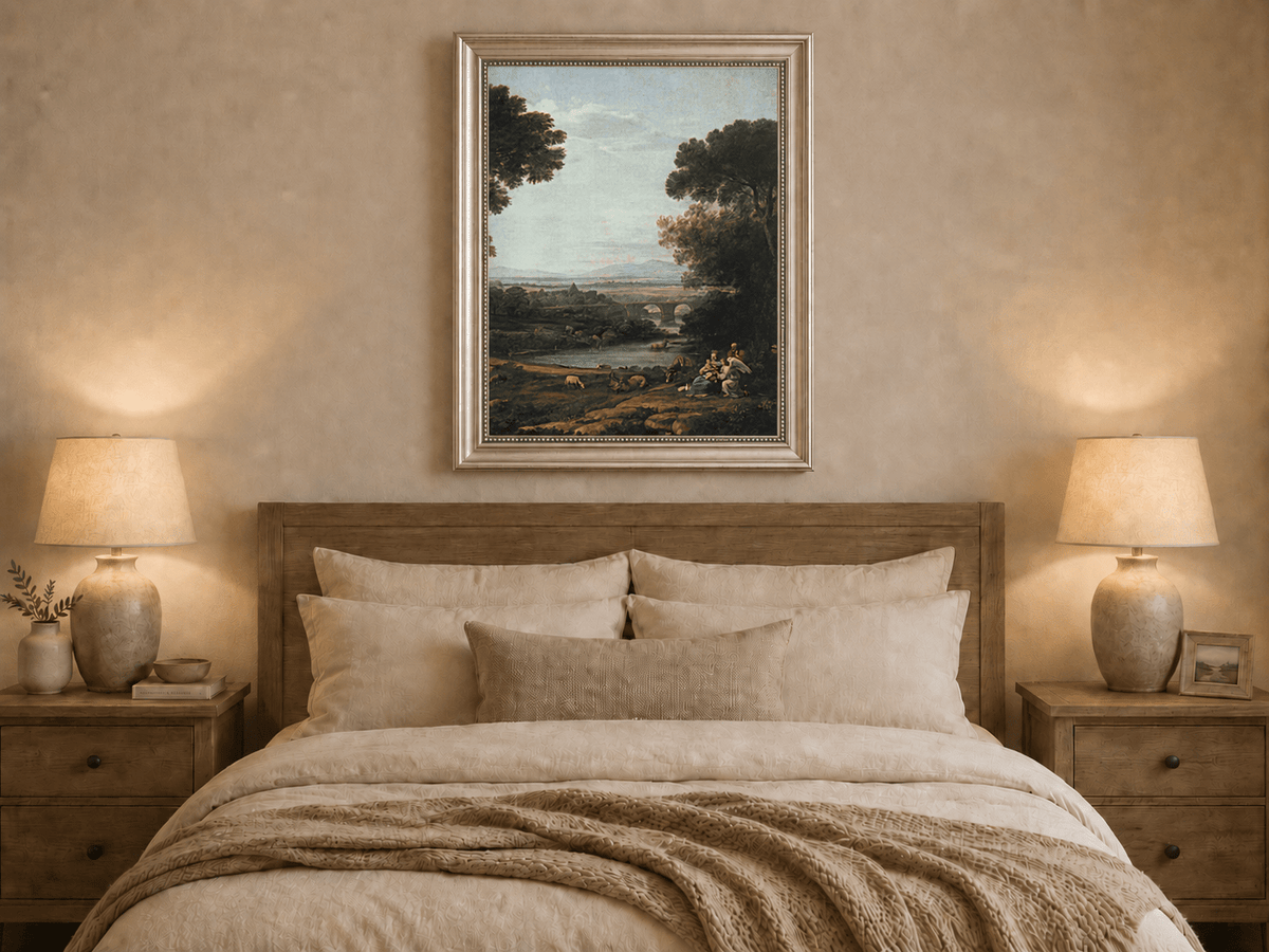 Landscape Oil Painting - Pastoral River with Bridge and Figures