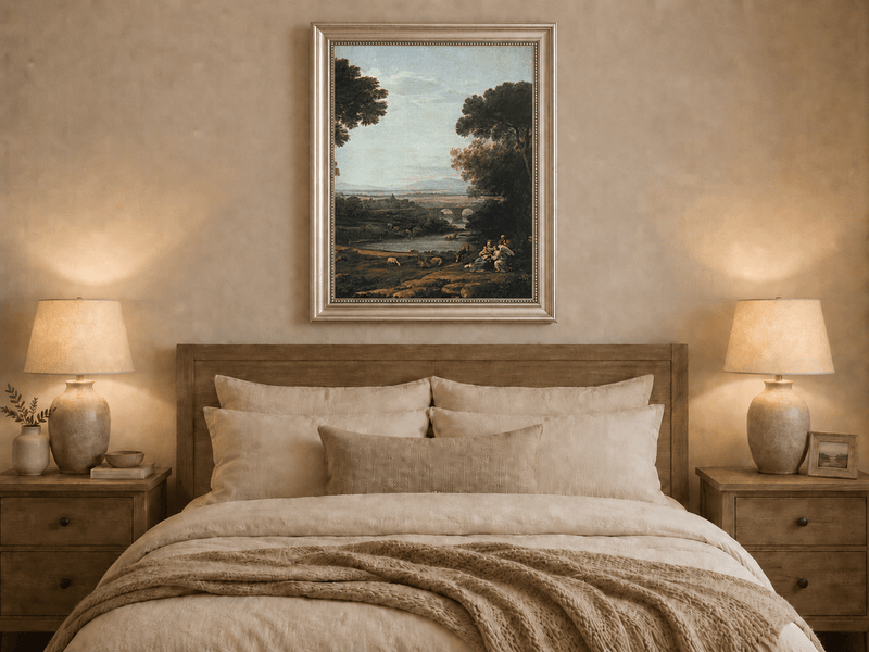 Landscape Oil Painting - Pastoral River with Bridge and Figures