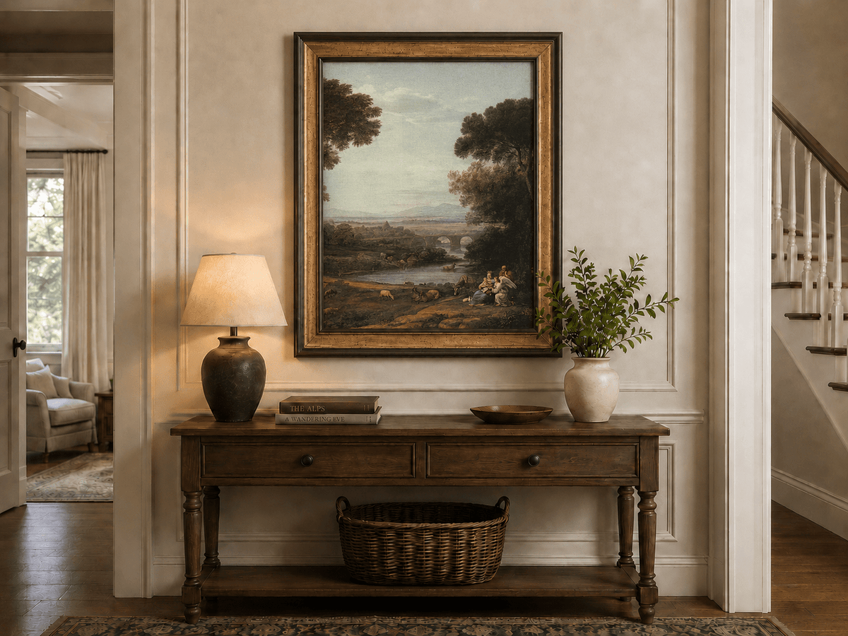 Landscape Oil Painting - Pastoral River with Bridge and Figures